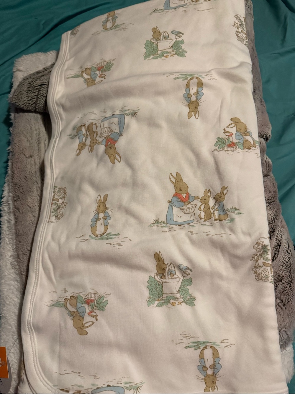 Gymboree White Baby Blanket with Brown & Blue Bunny Print